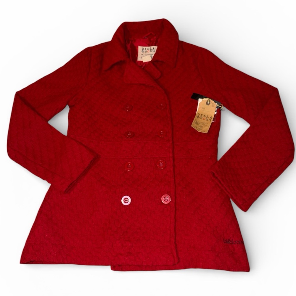 NEW Billabong Women’s Red Knit Textured Double Breasted Lined Wool Peacoat
